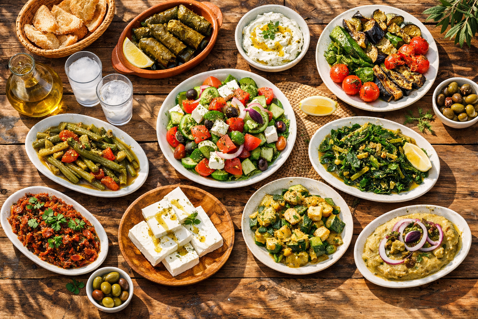 Ege sofrasında zeytinyağlı yemekler ve taze sebzeler