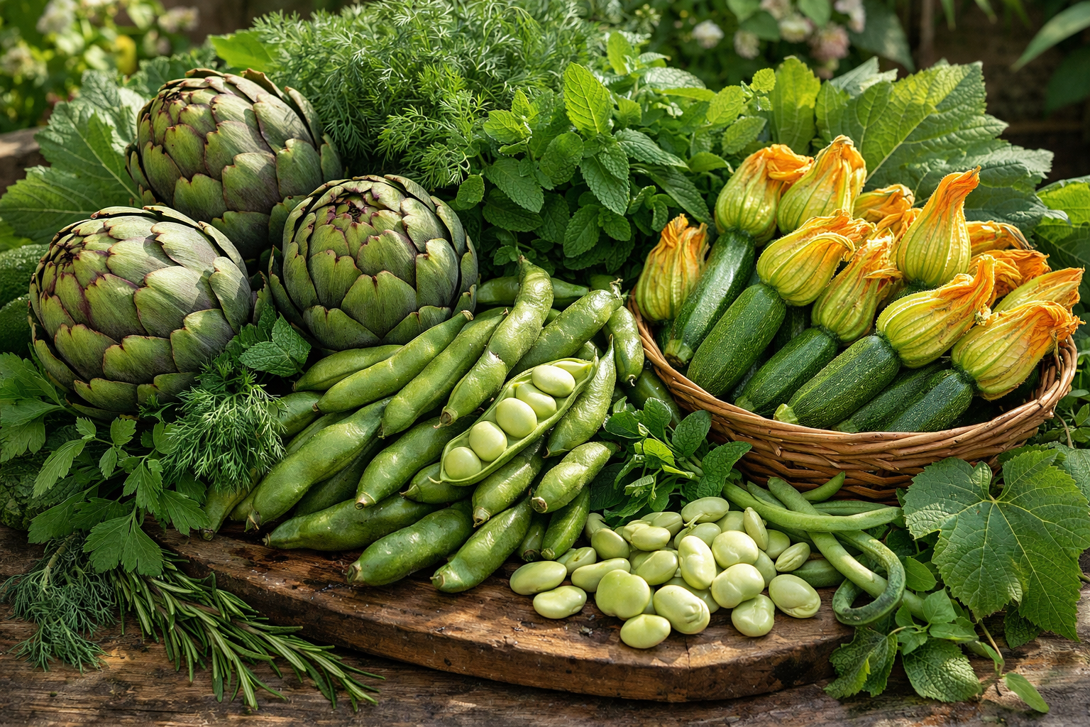 Mevsimlik taze sebzeler: enginar, bakla, kabak ve yeşillikler
