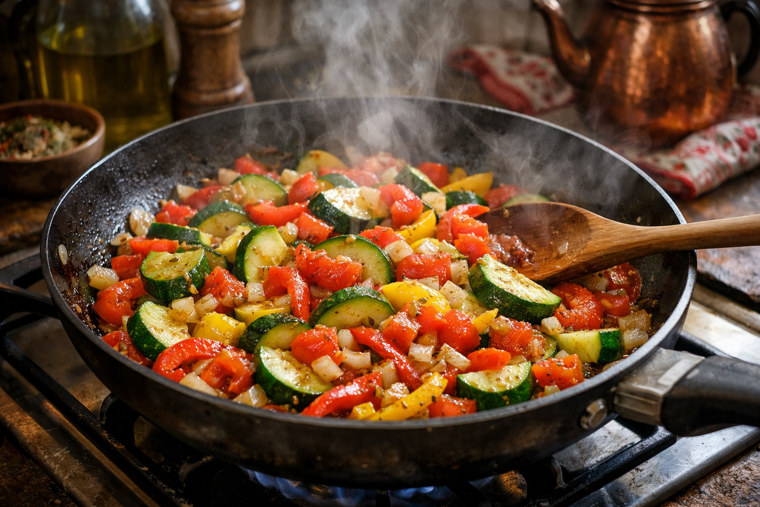 Tencerede zeytinyağlı sebze sote hazırlanırken