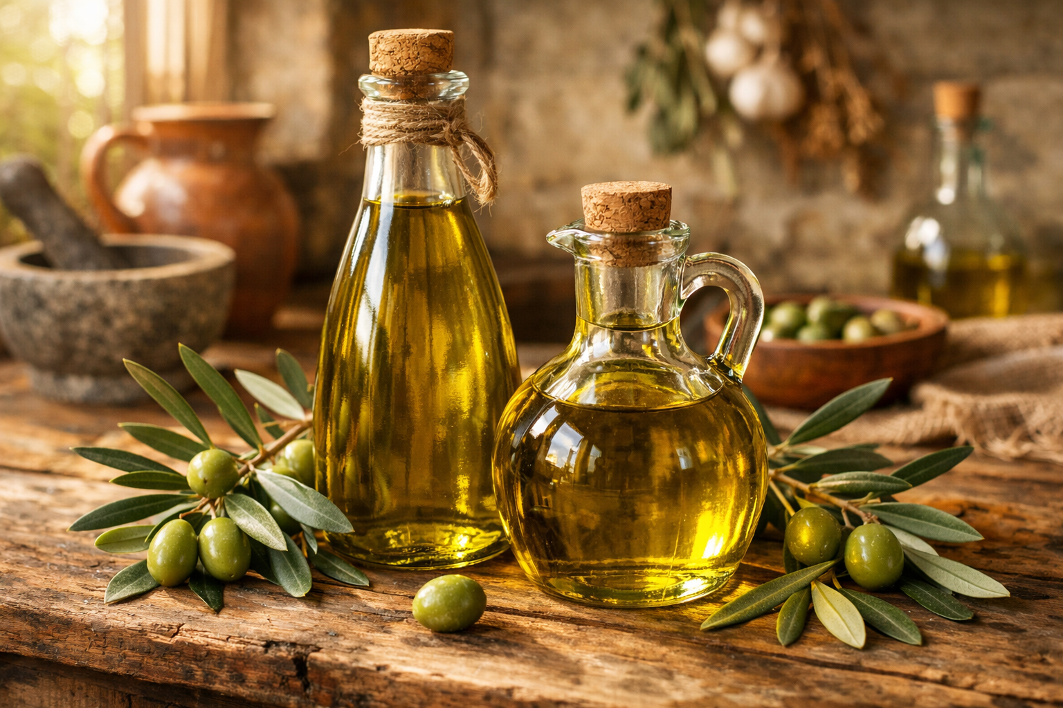 Cam şişelerde sızma zeytinyağı ve taze zeytin dalları